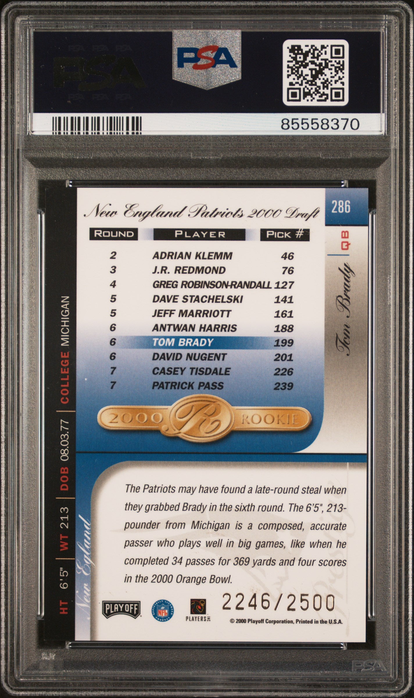 Tom Brady 2000 Playoff Prestige #286 Rookie #2246/2500 PSA 9 Mint