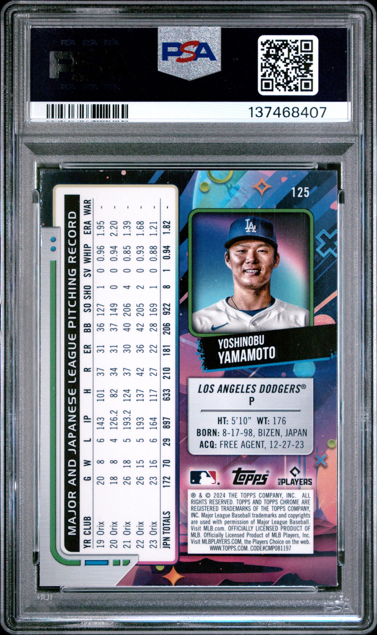 Yoshinobu Yamamoto 2024 Topps Chrome Cosmic Purple Refractor #103/150 PSA 10 Gem Mint