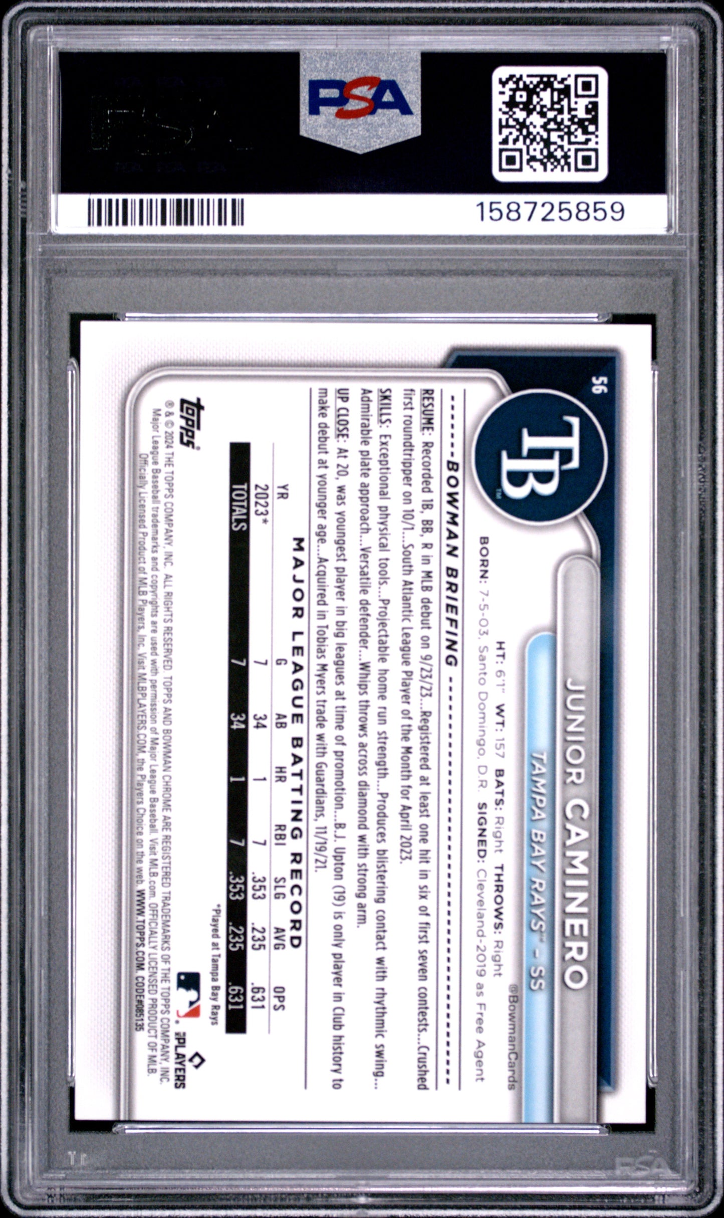 Junior Caminero 2024 Bowman Chrome Sapphire Image Variation PSA 10 Gem Mint