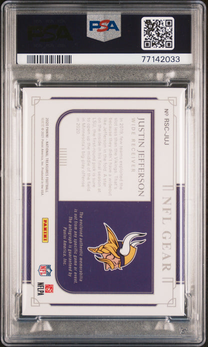 Justin Jefferson 2020 Panini Nationa Treasures NFL Gear Ball/Jersey Rookie Auto #9/99 PSA 10 Auto 10