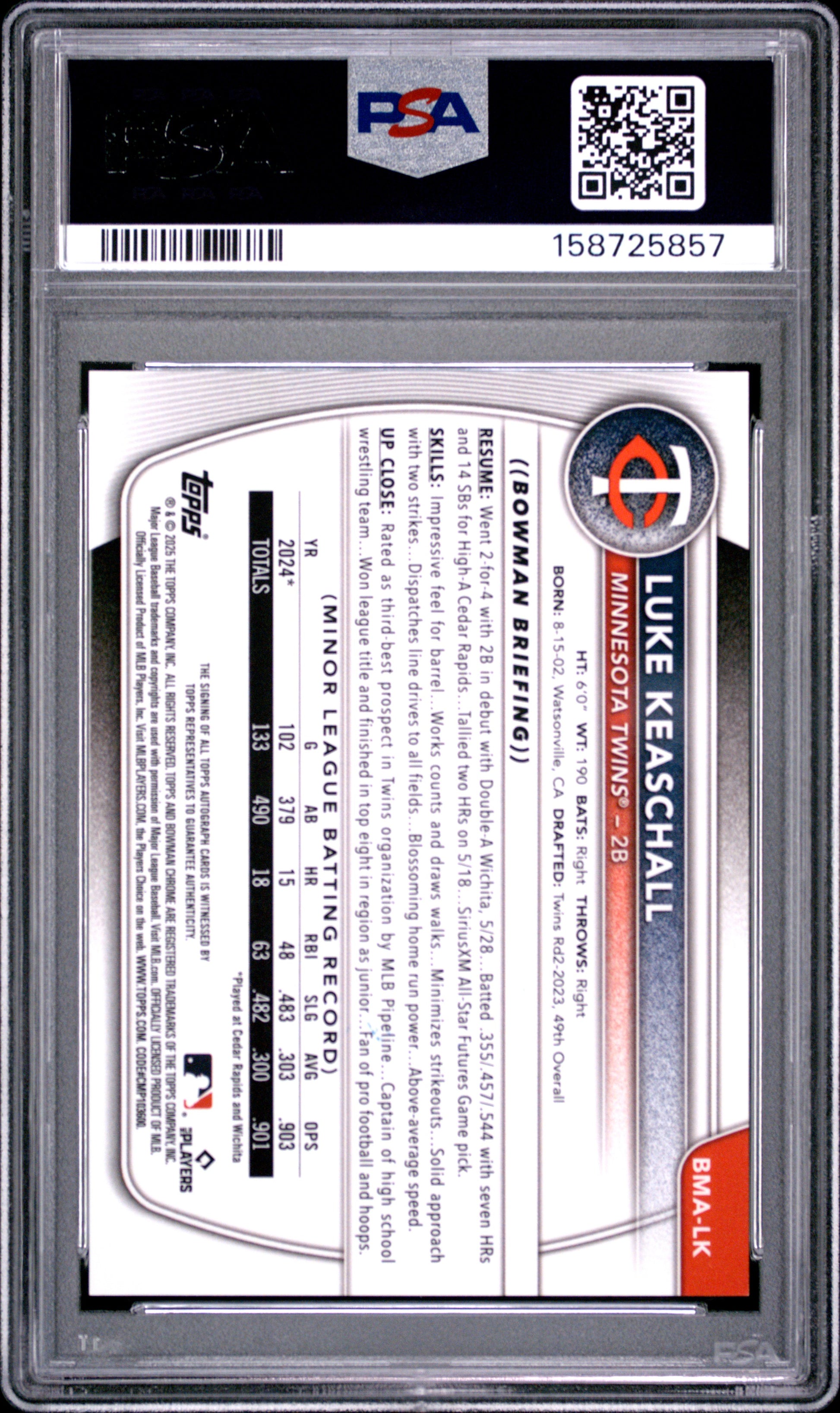 Luke Keaschall 2025 Bowman Mega Box Auto PSA 10 Gem Mint