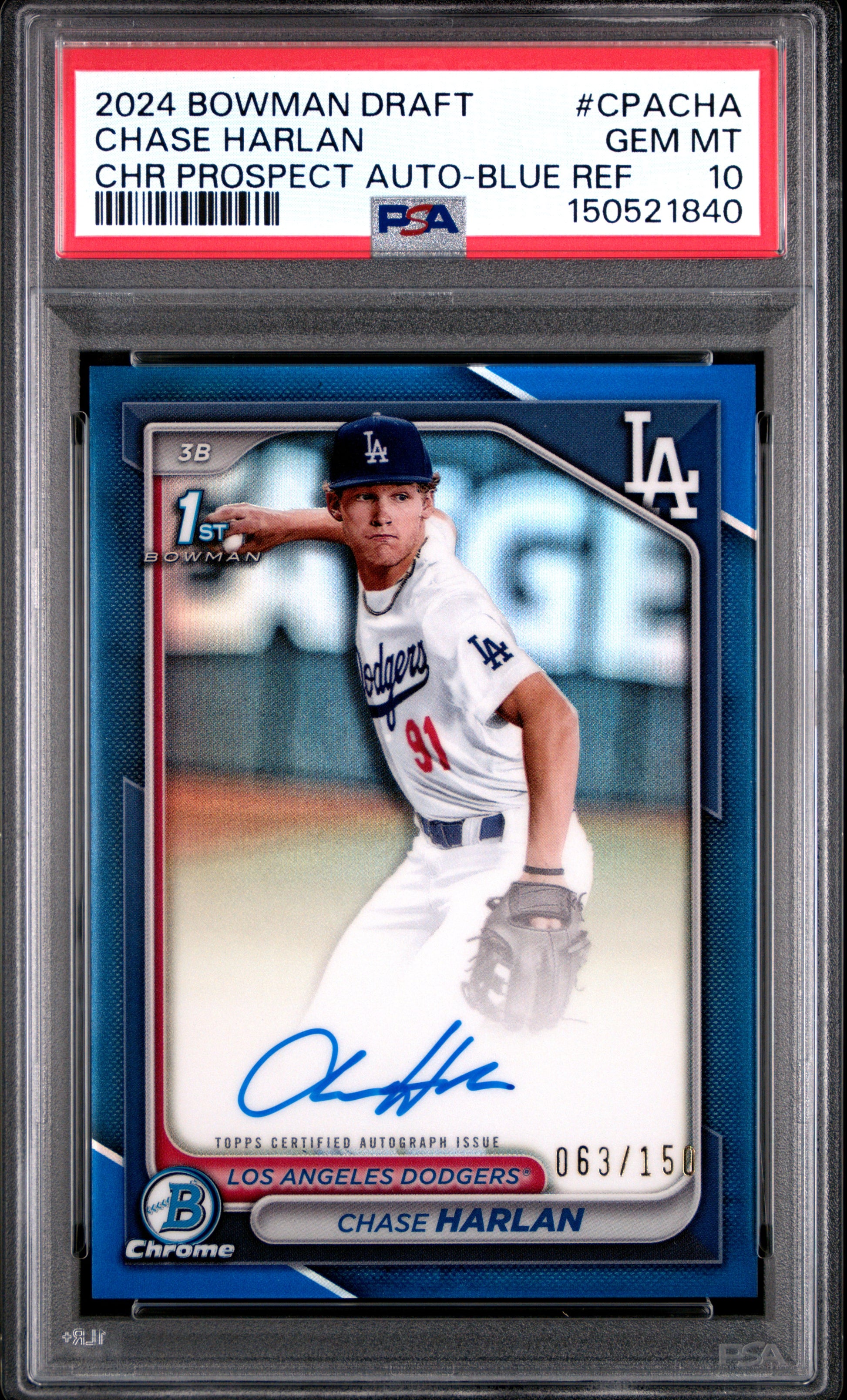 Chase Harlan 2024 Bowman Chrome Draft Blue Refractor Auto #63/150 PSA 10 Gem Mint