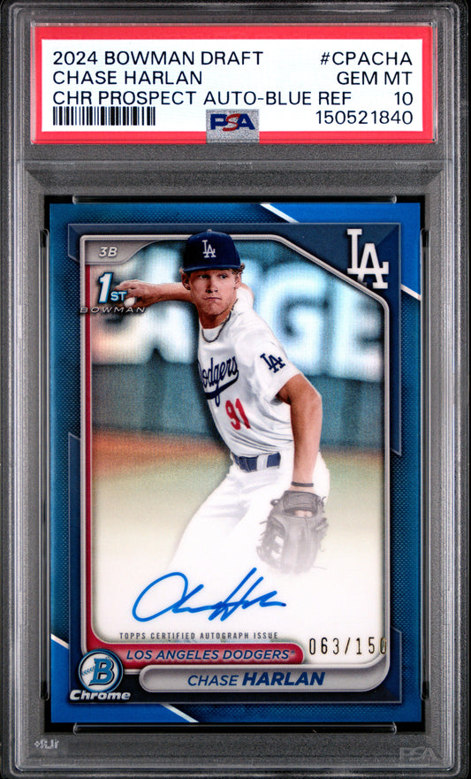 Chase Harlan 2024 Bowman Chrome Draft Blue Refractor Auto #63/150 PSA 10 Gem Mint