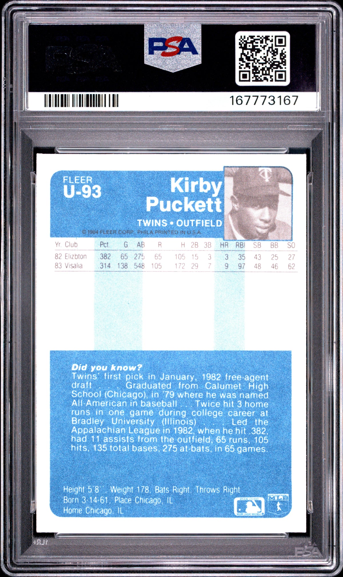 Kirby Puckett 1984 Fleer Update Rookie #U-93 PSA 8 Nm-Mint 3167