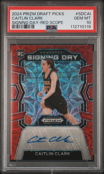 Caitlin Clark 2024 Panini Prizm Draft Picks Signinging Day Auto Red Scope #25/88 PSA 10 Gem Mint