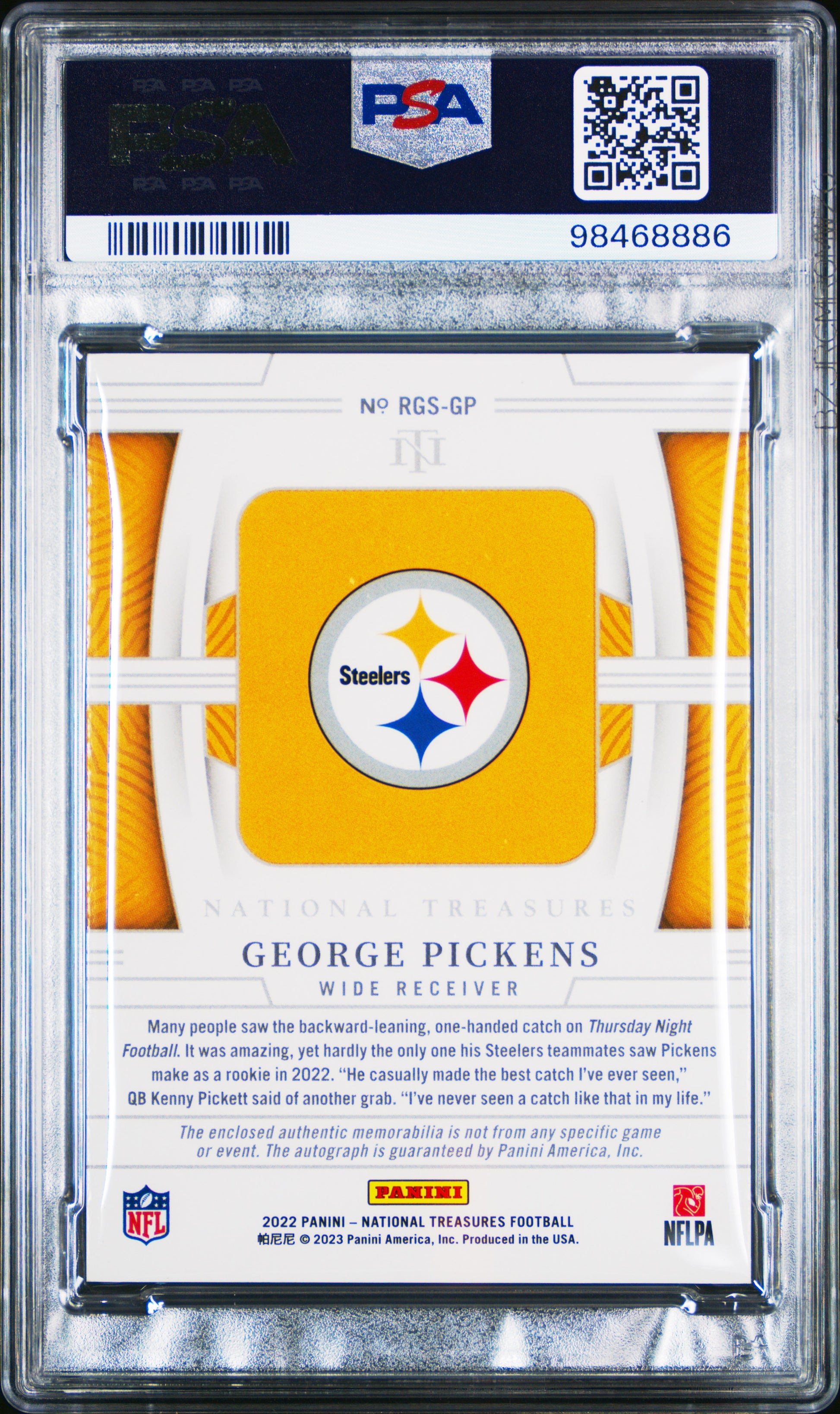 George Pickens 2022 Panini National Treasures NFL Gear Auto #32/49 PSA 8 Nm-Mint