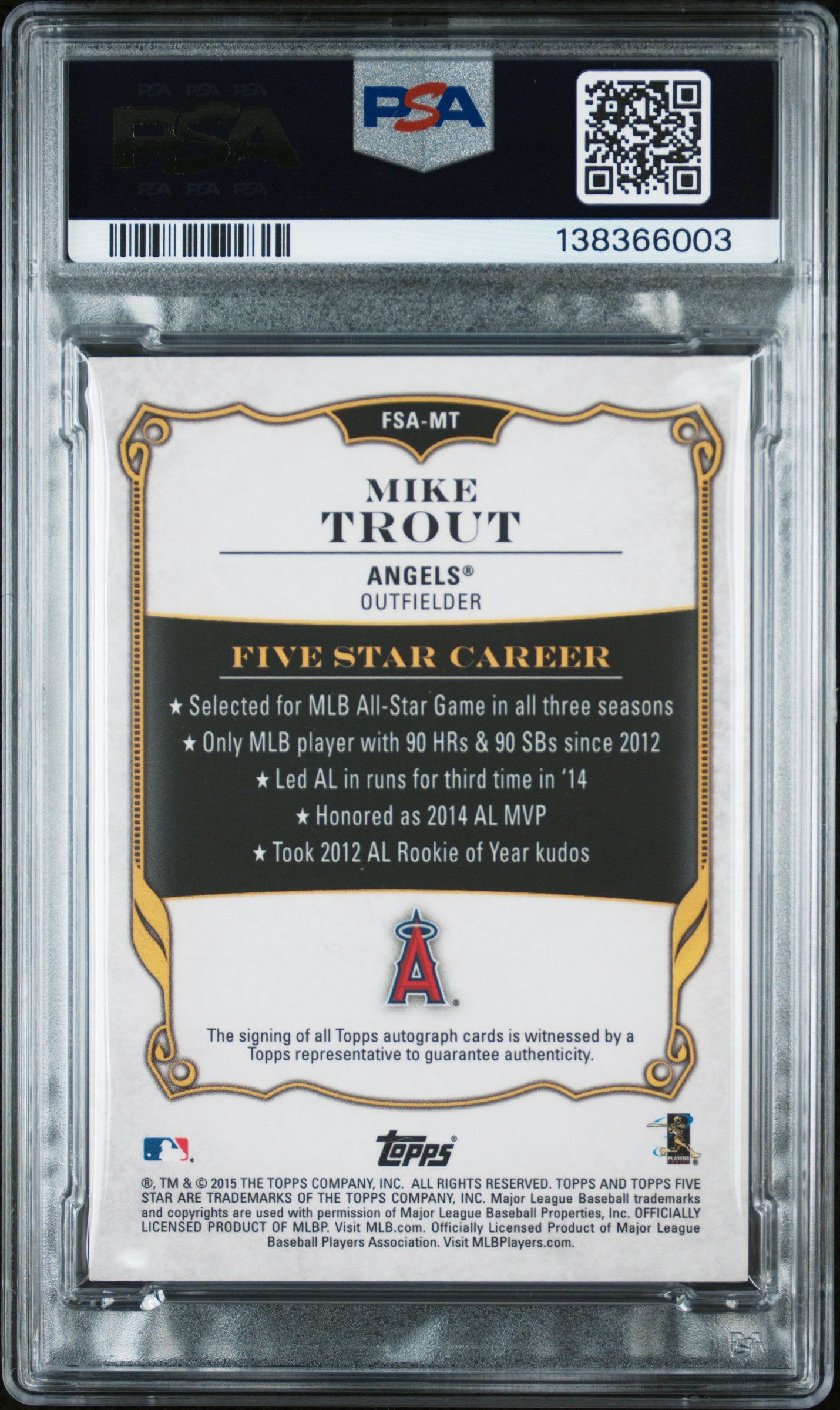 Mike Trout 2015 Topps Five Star Rainbow Auto #19/25 PSA 8 Auto 10