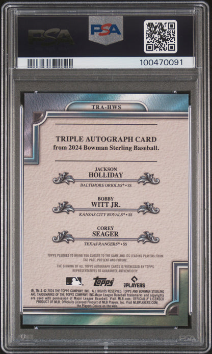 Jackson Holliday + Bobby Witt Jr + Corey Seager 2024 Bowman Sterling Triple Auto #7/10 PSA 8 Auto 10