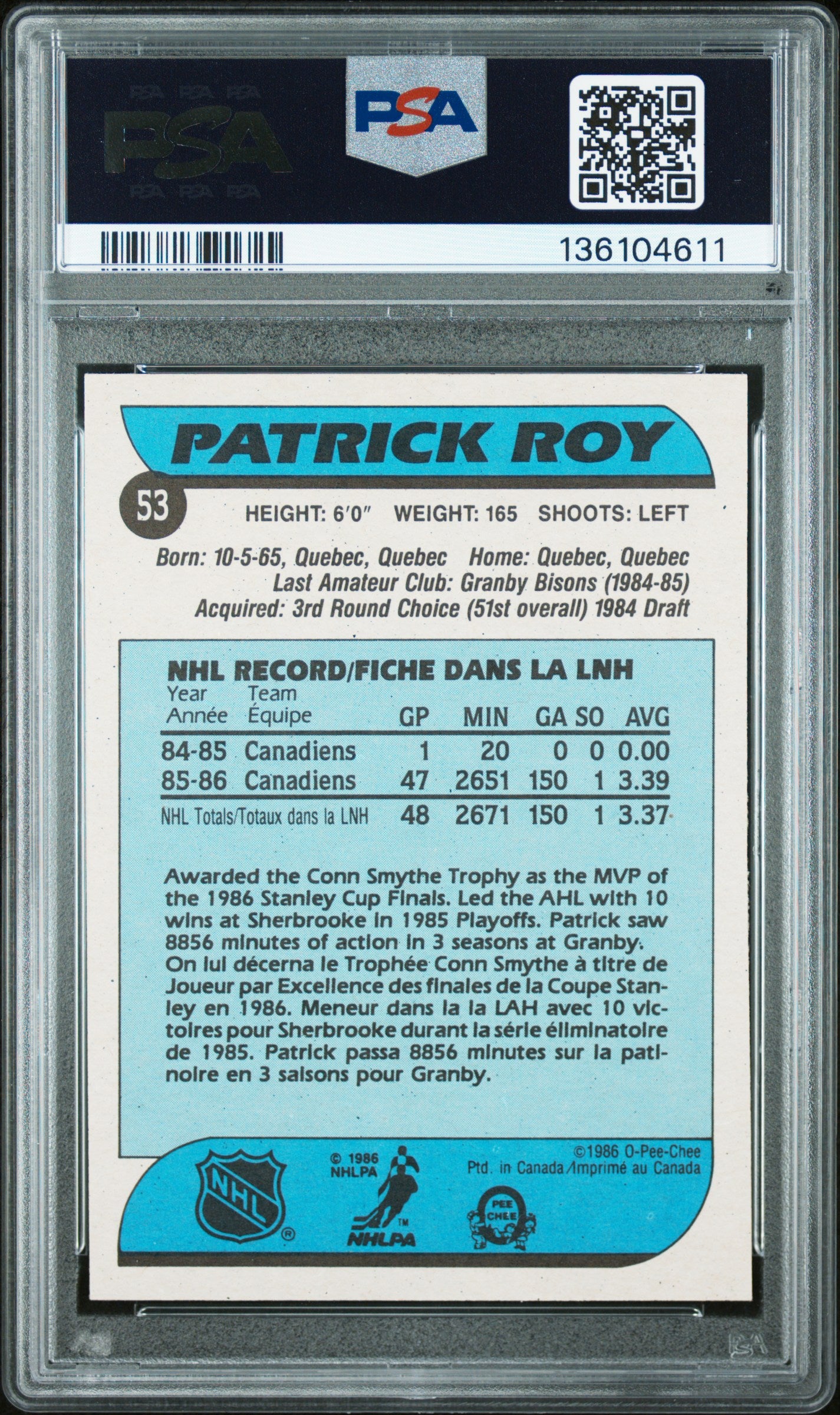 Patrick Roy 1986 O-Pee-Chee Rookie #53 PSA 6 Ex-Mint 4611