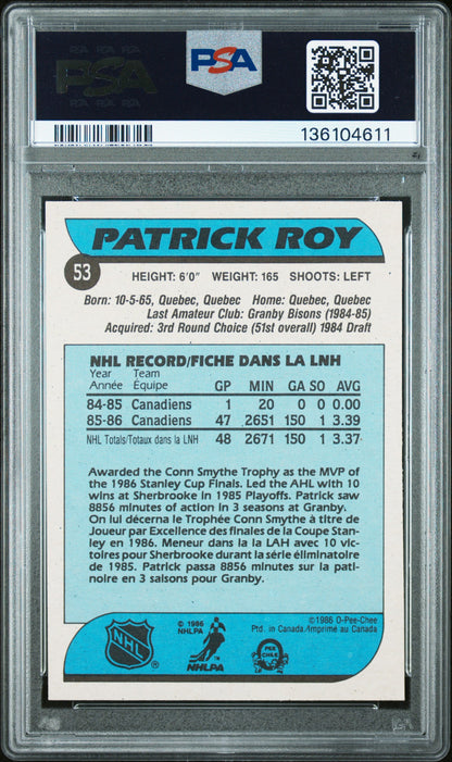 Patrick Roy 1986 O-Pee-Chee Rookie #53 PSA 6 Ex-Mint 4611