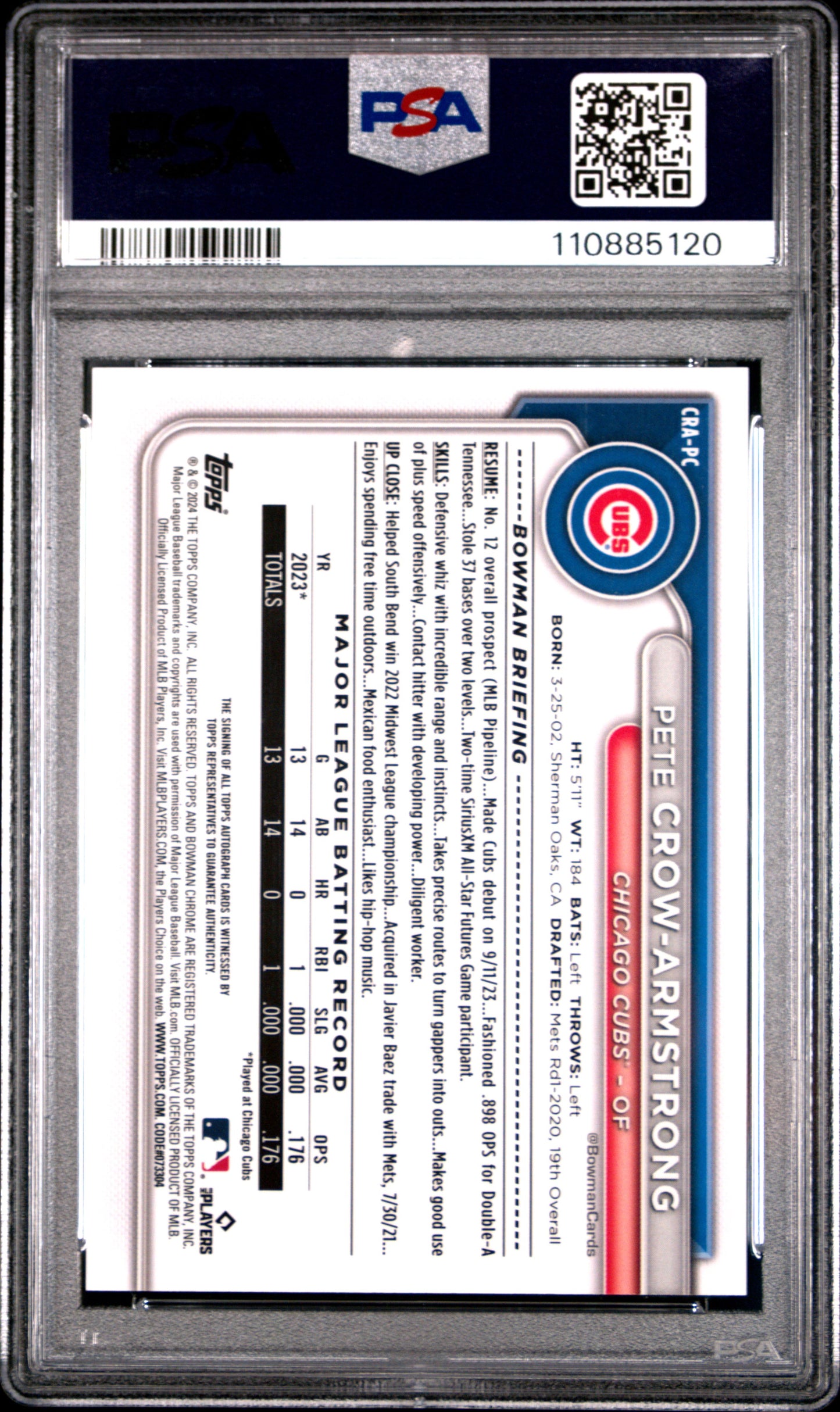 Pete Crow-Armstrong 2024 Bowman Chrome Yellow Refractor Auto #34/75 PSA 10 Gem Mint