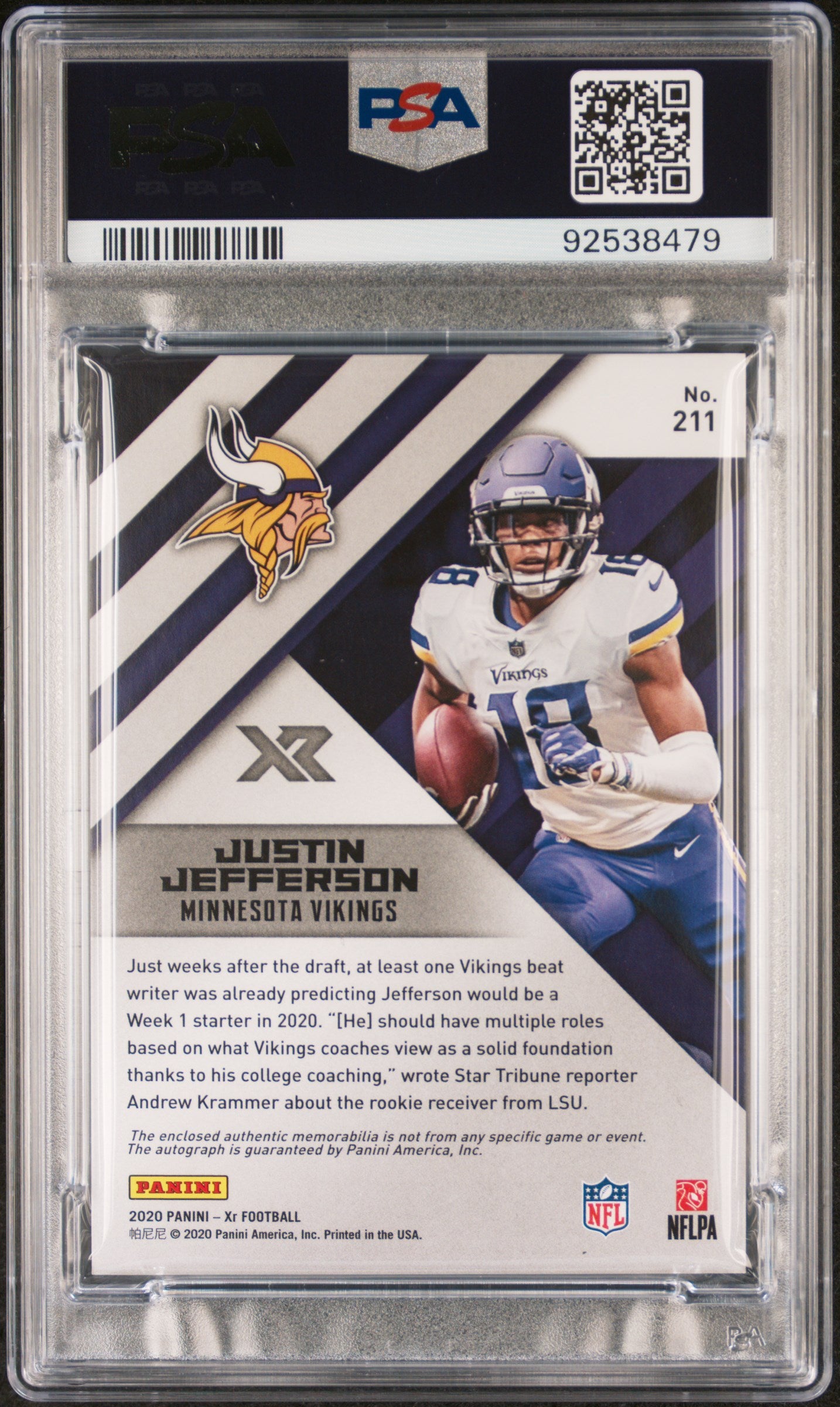 Justin Jefferson 2020 Panini XR Triple Jersey Auto Red #17/75 PSA 8 Auto 10