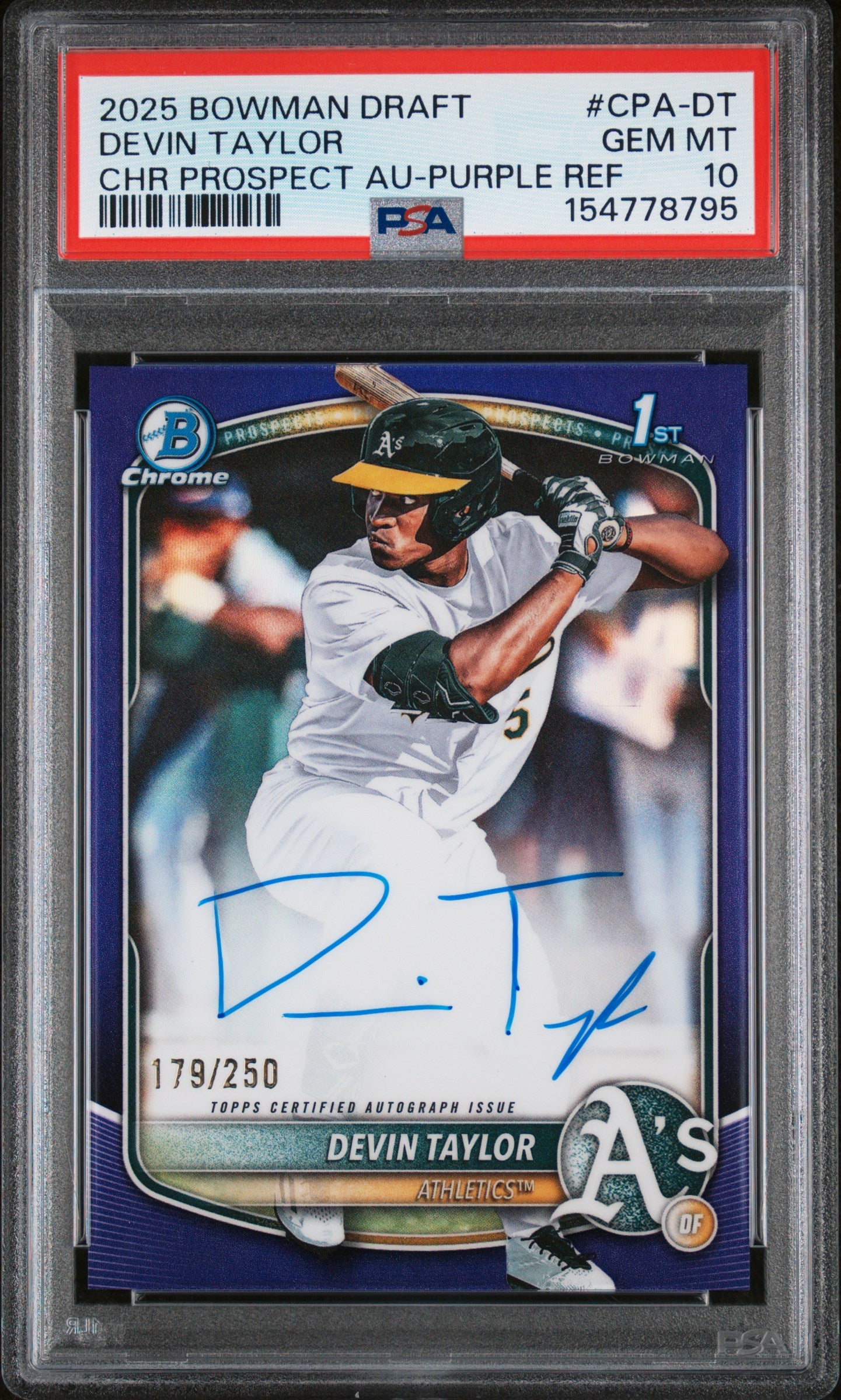 Devin Taylor 2025 Bowman Draft Purple Refractor Auto #179*/250 PSA 10 Gem Mint