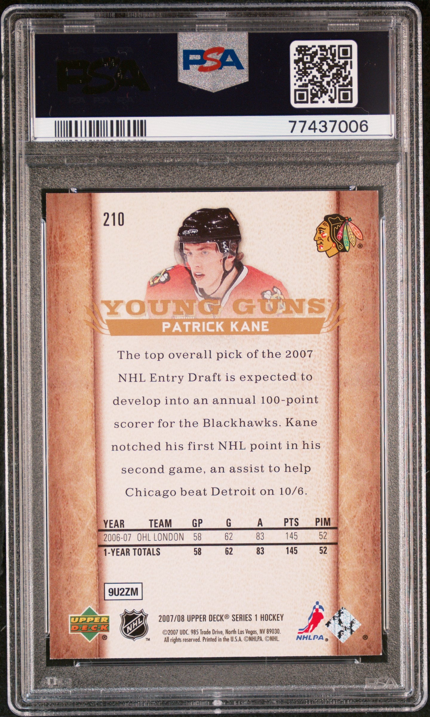 Patrick Kane 2007 Upper Deck #210 Rookie PSA 8 Nm-Mint
