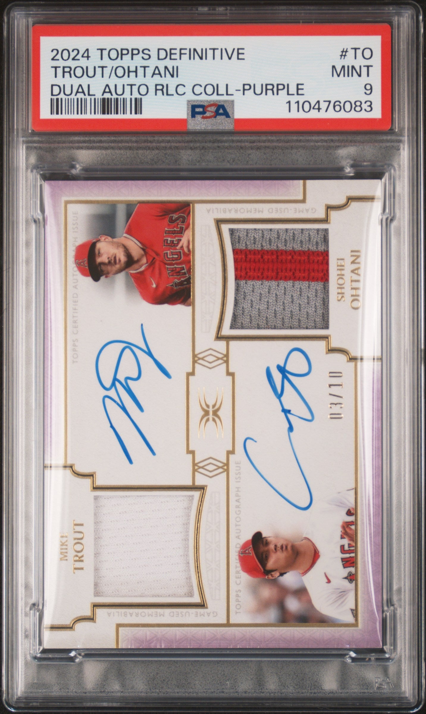 Shohei Ohtani + Mike Trout 2024 Topps Definitive Dual Patch auto Purple #3/10 PSA 9 Mint