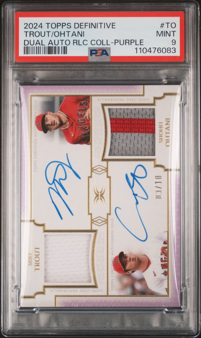 Shohei Ohtani + Mike Trout 2024 Topps Definitive Dual Patch auto Purple #3/10 PSA 9 Mint