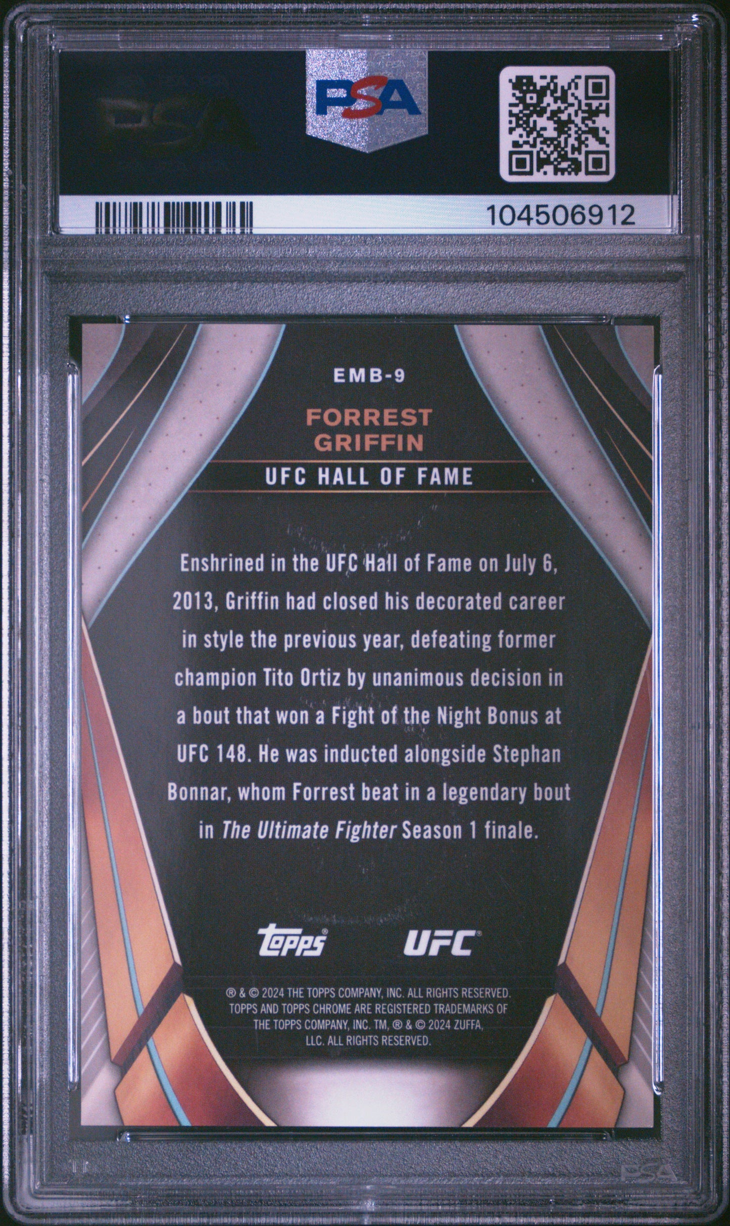Forrest Griffin 2024 Topps Chrome UFC Embedded Black Refractor #6/10 PSA 10 Gem Mint