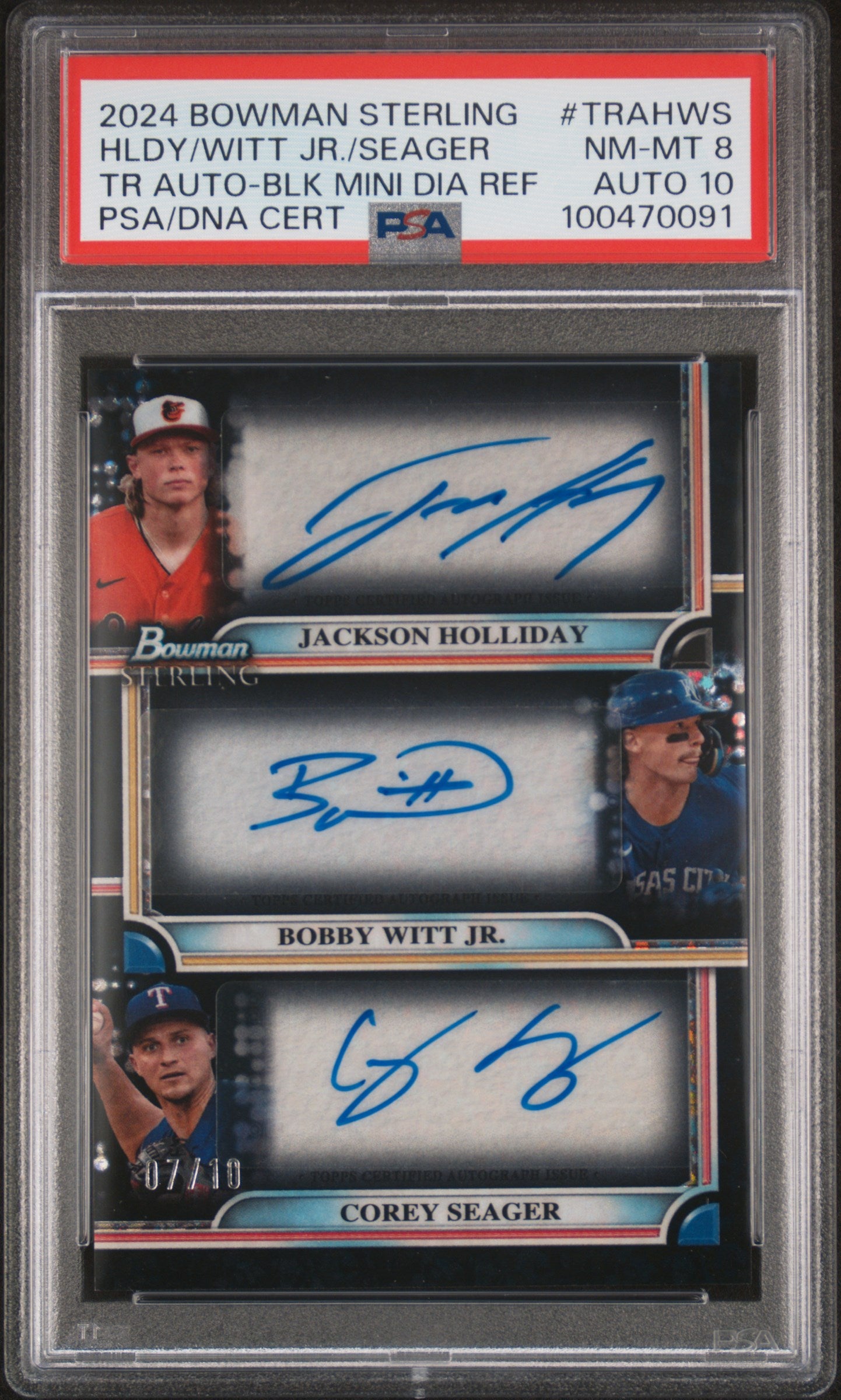 Jackson Holliday + Bobby Witt Jr + Corey Seager 2024 Bowman Sterling Triple Auto #7/10 PSA 8 Auto 10
