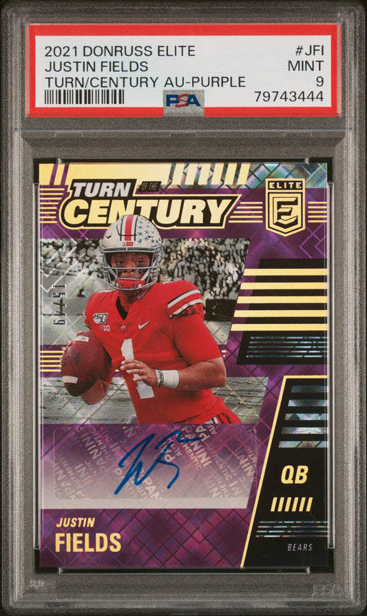 Justin Fields 2021 Donruss Elite Turn of the Century Purple Auto #15/49 PSA 9