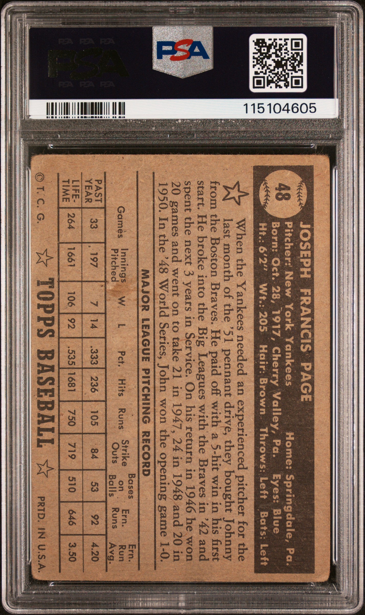 Joe Page Sain Bio Back 1952 Topps #48 Error PSA 2 Good