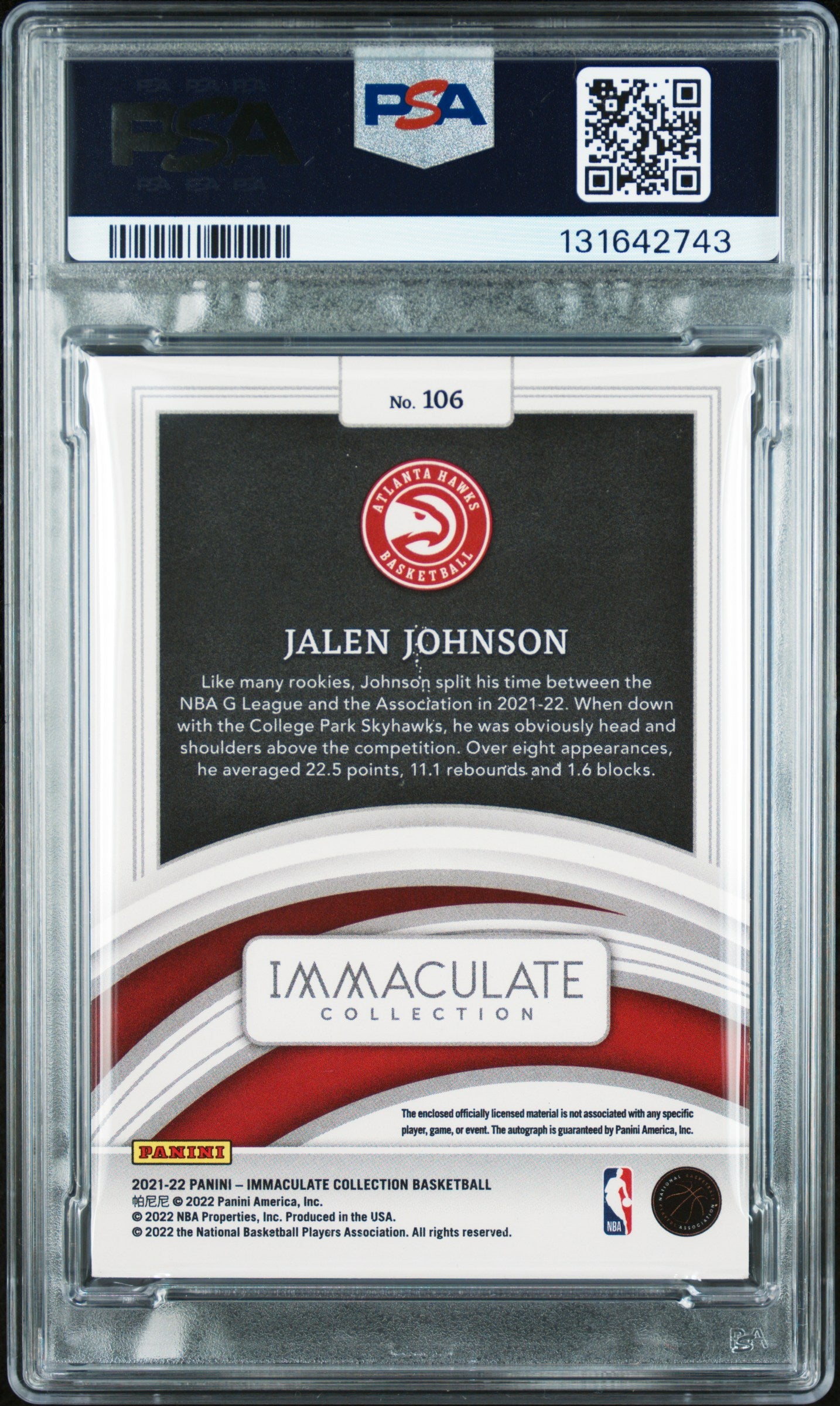 Jalen Johnson 2021 Panini Immaculate Gold Rookie Patch Auto #6/10 PSA 8 Auto 10
