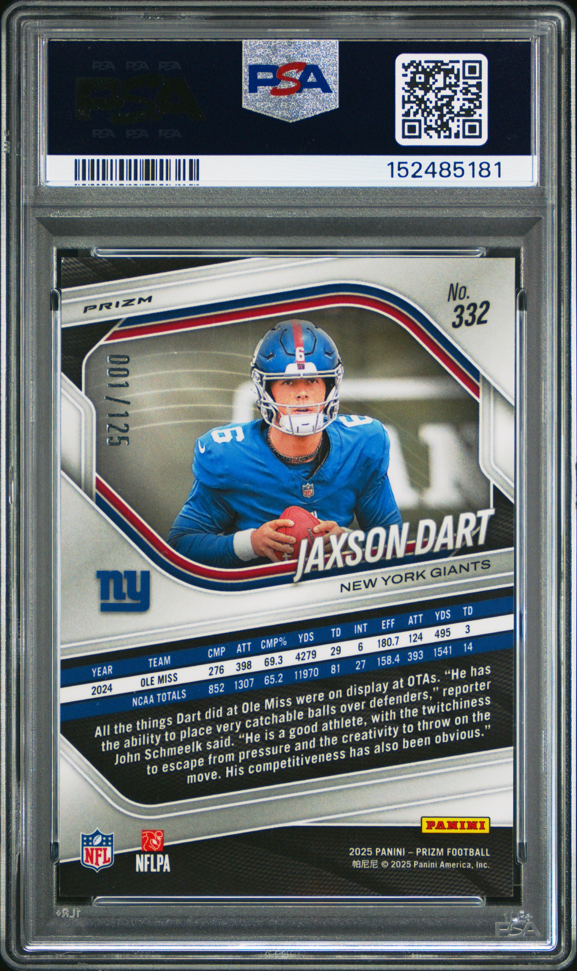 Jaxson Dart 2025 Panini Prizm Rookie #322 Purple Prizm #1/125 PSA 10 Gem Mint