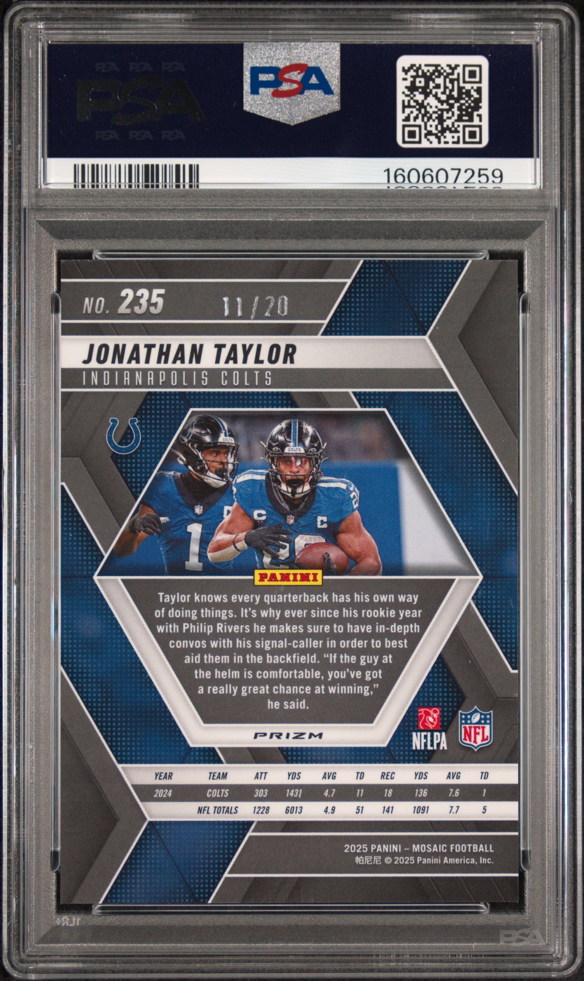 Jonathan Taylor 2025 Panini Mosaic #235 Cherry Blossom Choice #11/20 PSA 9 Mint