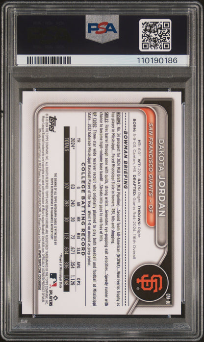 Dakota Jordan 2024 Bowman Draft Red Lava Auto #2/5 PSA 9 Auto 10