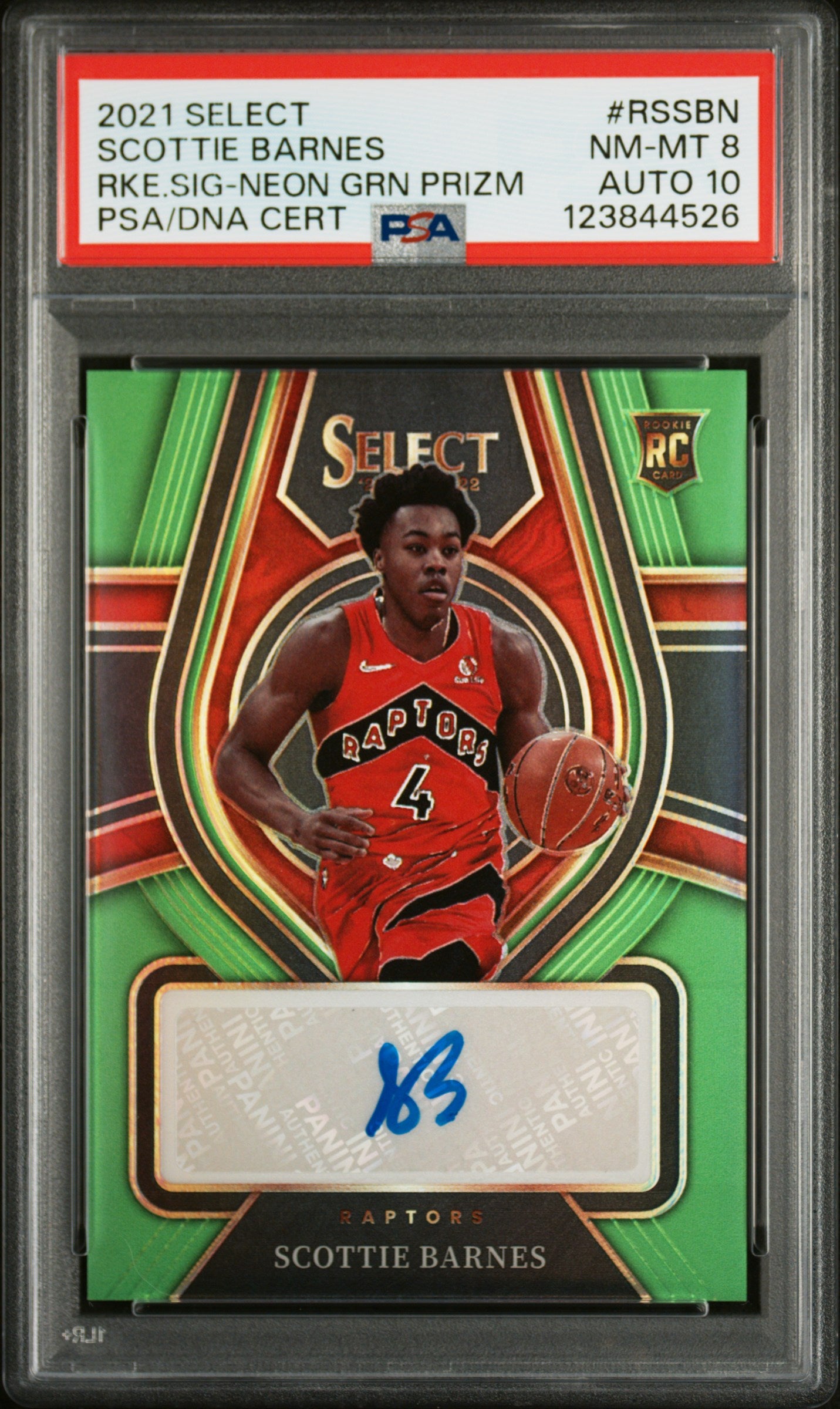 Scottie Barnes 2021 Panini Select Neon Green Rookie Autograph #78/99 PSA 8 Auto 10