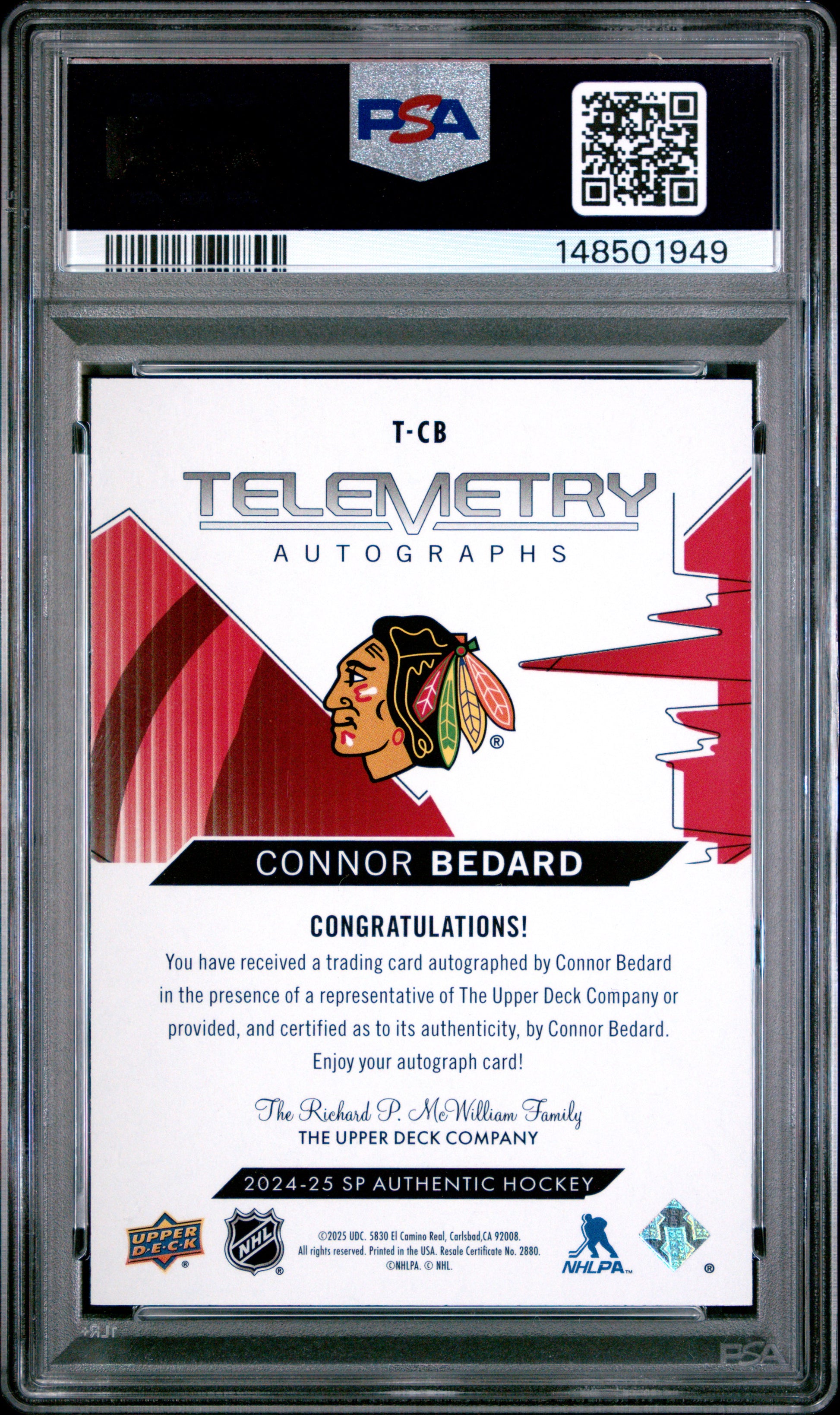 Connor Bedard 2024 SP Authentic Telemtry Autographs PSA 9 Mint