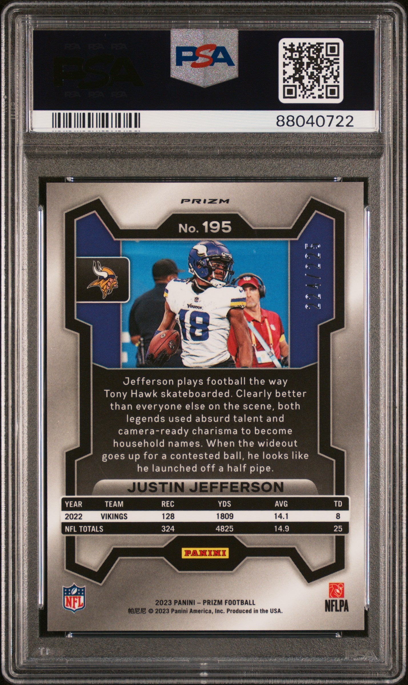 Justin Jefferson 2023 Panini Prizm #195 Purple Ice #224/225 PSA 10 Gem Mint