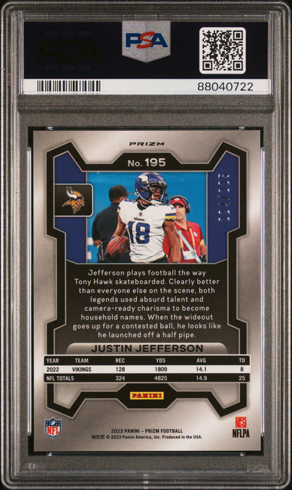 Justin Jefferson 2023 Panini Prizm #195 Purple Ice #224/225 PSA 10 Gem Mint