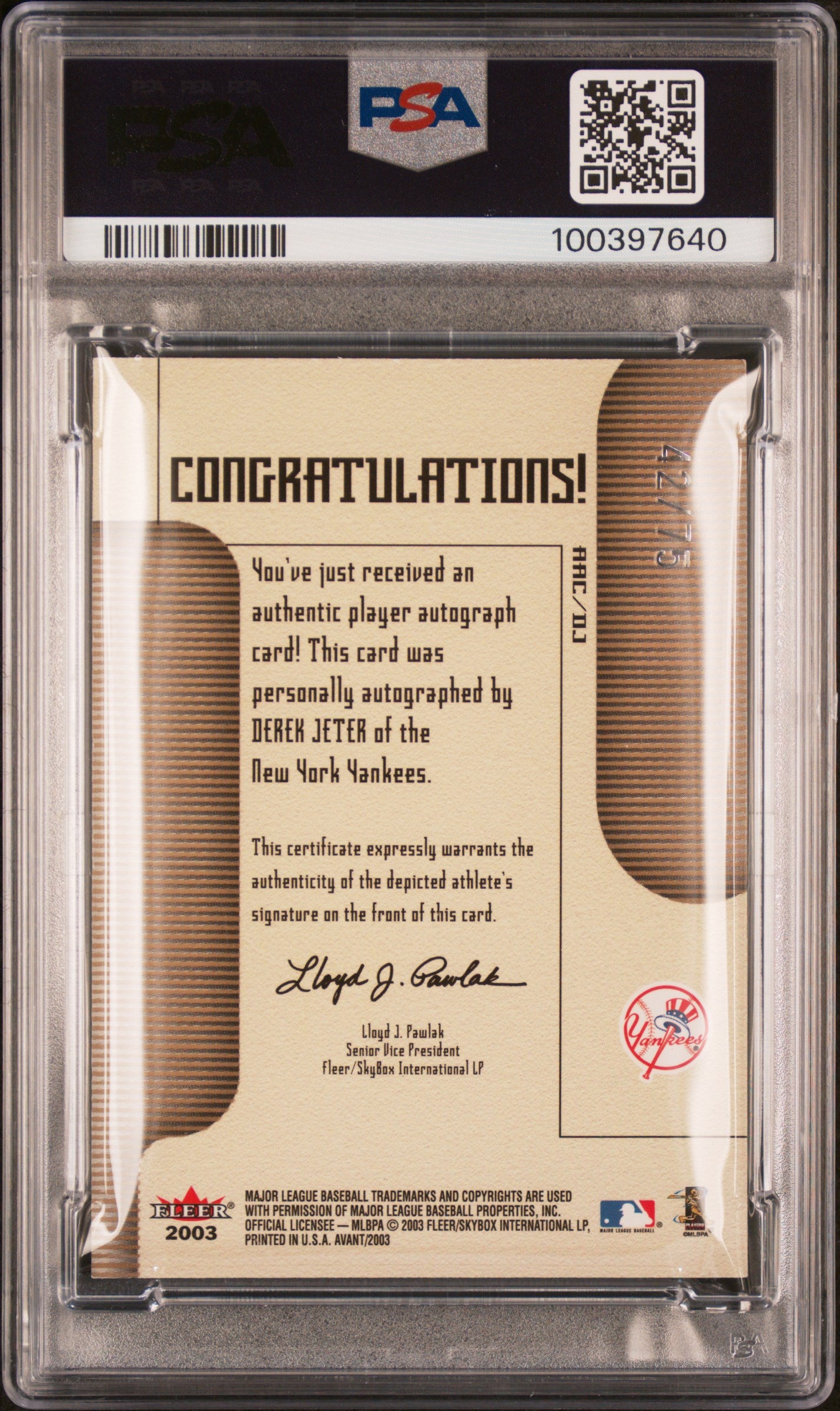 Derek Jeter 2003 Fleer Avant Silver Auto #42/75 PSA 9 Mint