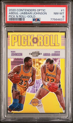 Kareem Abdul-Jabbar + Magic Johnson 2020 Contenders Optic Pink N Roll Gold #3/10 PSA 8 Nm-Mint