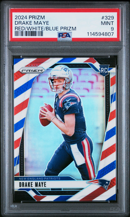 Drake Maye 2024 Panini Prizm Rookie #329 Red White Blue Prizm PSA 9 Mint
