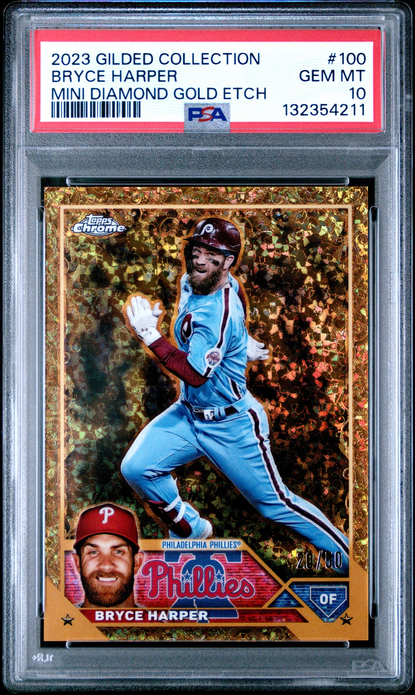 Bryce Harper 2023 Topps Gilded Collection Mini-Diamond Gold Etch #20/50 PSA 10 Gem Mint