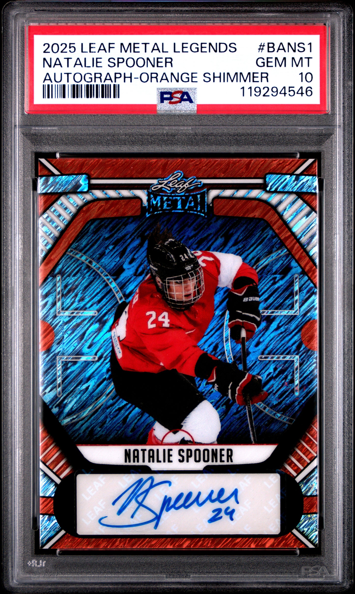 Natalie Spooner 2025 Leaf Metal Legends Orange Shimmer Auto #6/6 PSA 10 Gem Mint