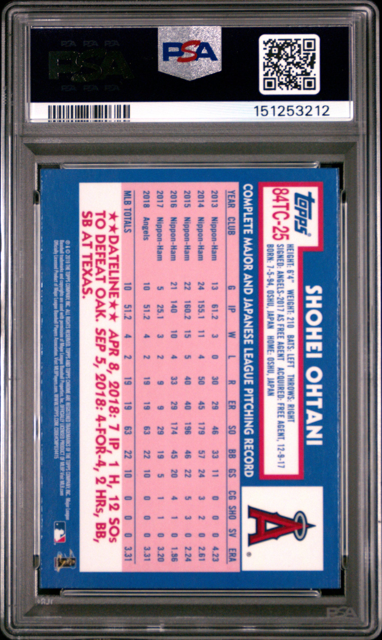 Shohei Ohtani 2019 Topps Chrome 1984 Topps PSA 9 Mint 3212