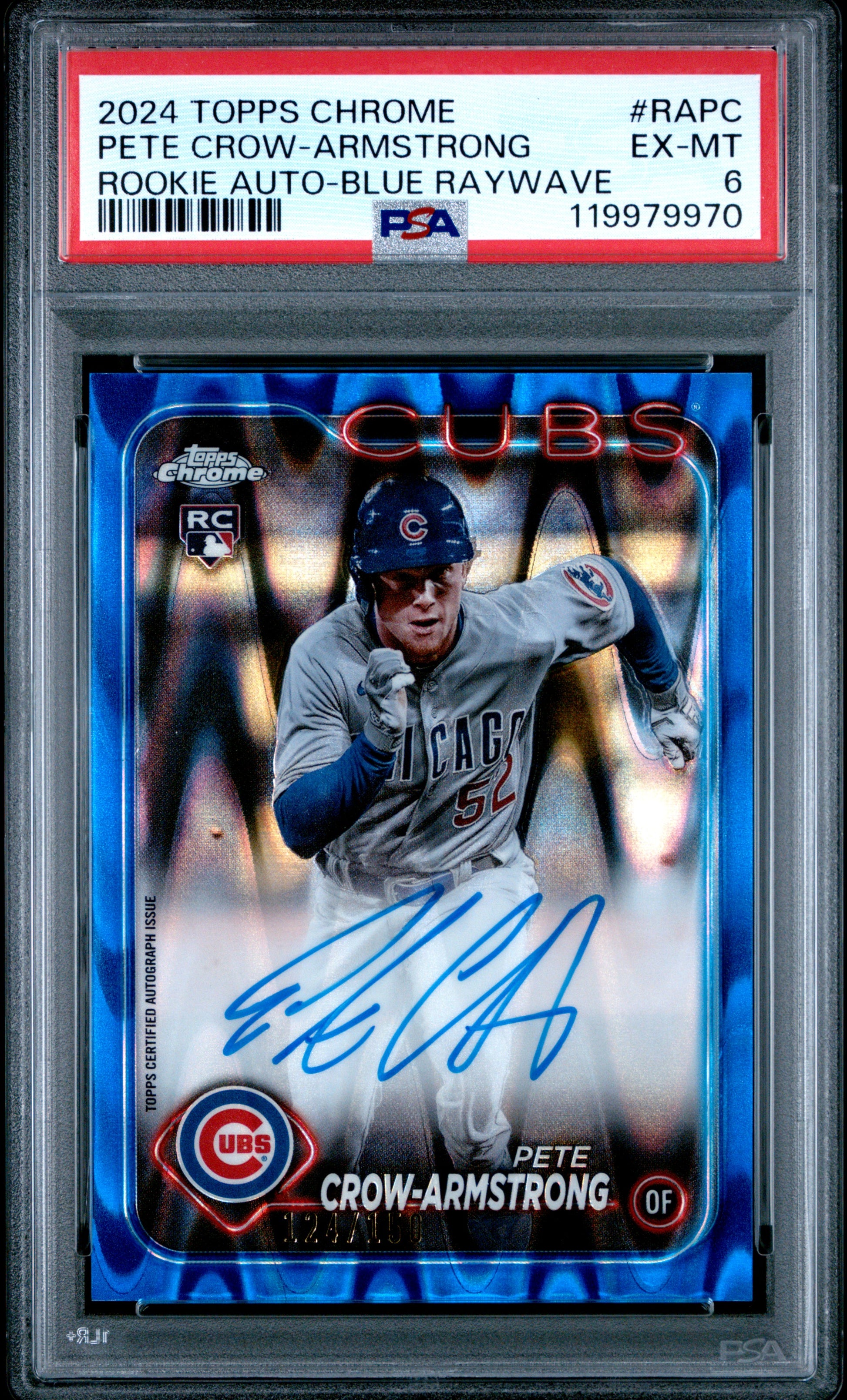 Pete Crow-Armstrong 2024 Topps Chrome Rookie Auto Blue Raywave #124/150 PSA 6 Ex-Mint