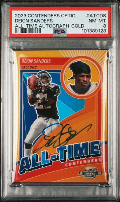Deion Sanders 2023 Panini Contenders Optic All-Time Autograph Gold #1/10 PSA 8 Nm-Mint