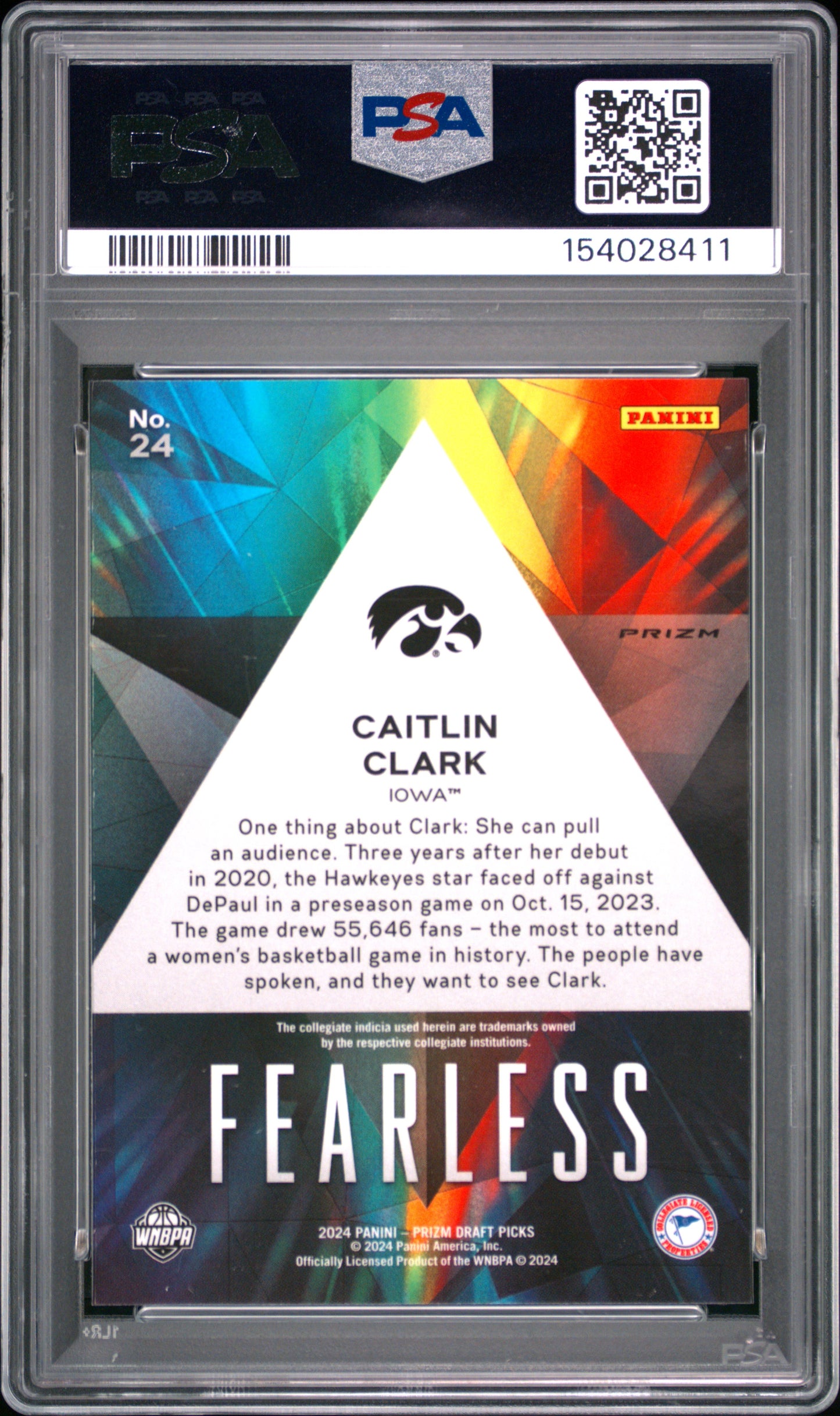 Caitlin Clark 2024 Panini Prizm Draft Fearless Ice Parallel PSA 10 Gem Mint