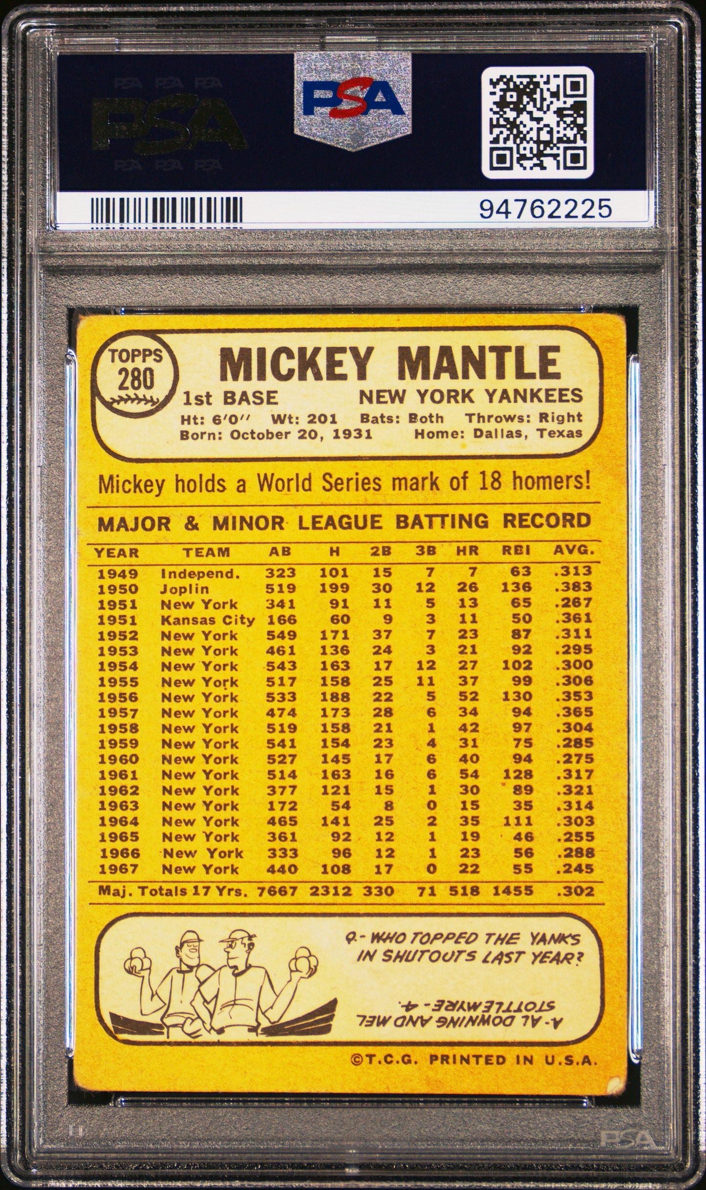 Mickey Mantle 1968 Topps #280 PSA 1.5 Fair