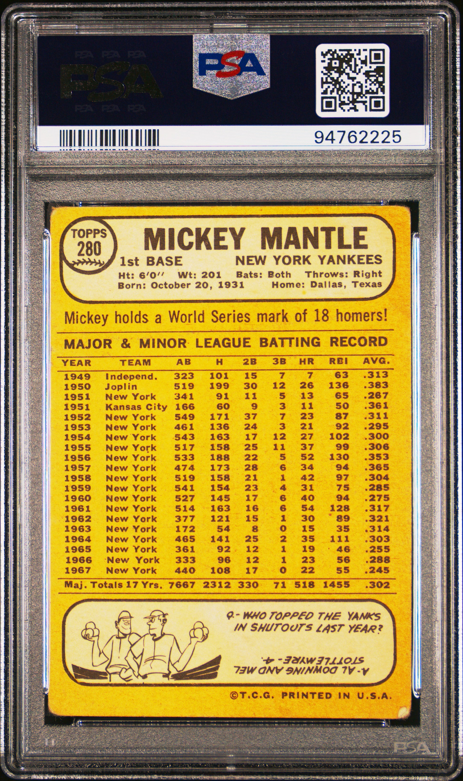 Mickey Mantle 1968 Topps #280 PSA 1.5 Fair