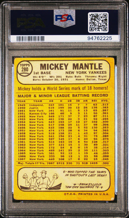 Mickey Mantle 1968 Topps #280 PSA 1.5 Fair