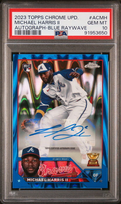 Michael Harris II 2023 TOpps Chrome Update Blue Raywave Auto #42/150 PSA 10 Gem Mint