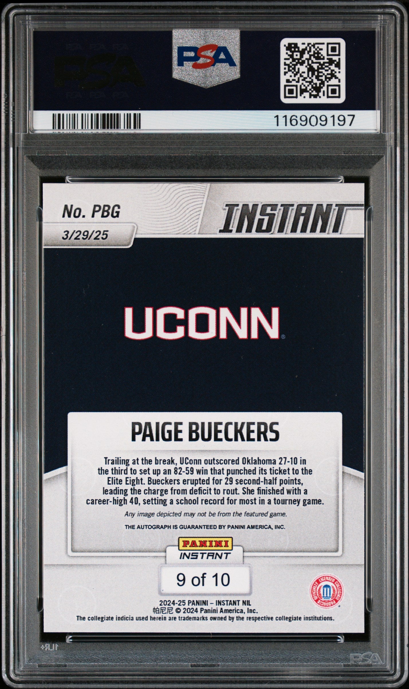 Paige Bueckers 2024 Panini Instant NIL National Champions Auto #9/10 PSA 10 Auto 10