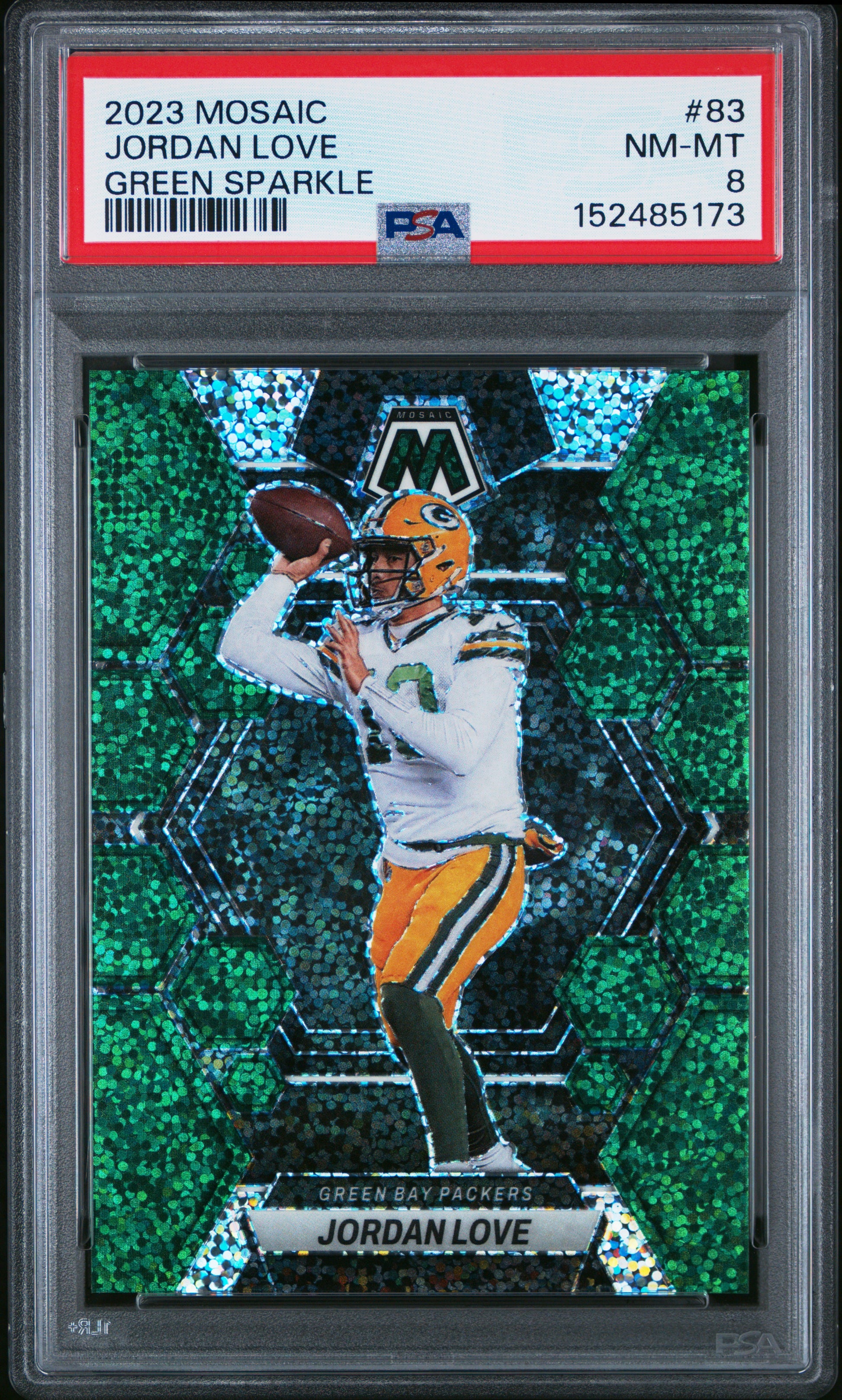 Jordan Love 2023 Panini Mosaic #83 Green Sparkle #1/8 PSA 8 Nm-Mint