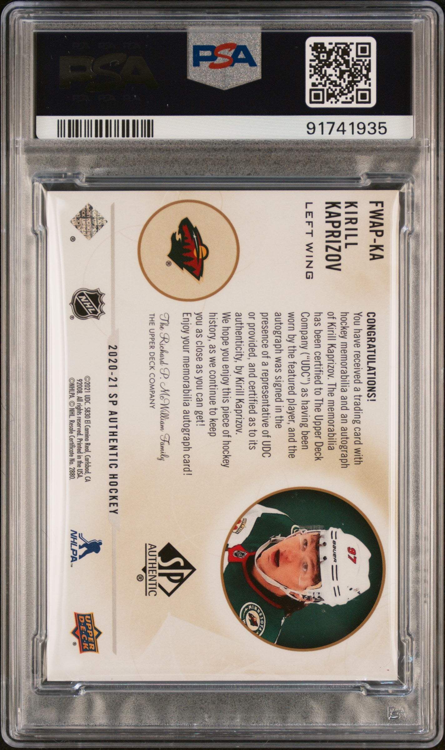 Kirill Kaprizov 2020 Upper Deck SP Authentic Rookie Patch Auto #47/100 PSA 9 Mint
