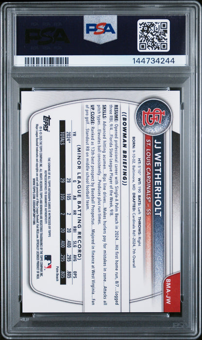 JJ Wetherholt 2025 Bowman Chrome Mega Steel Metal Auto #41/100 PSA 9 Auto 10