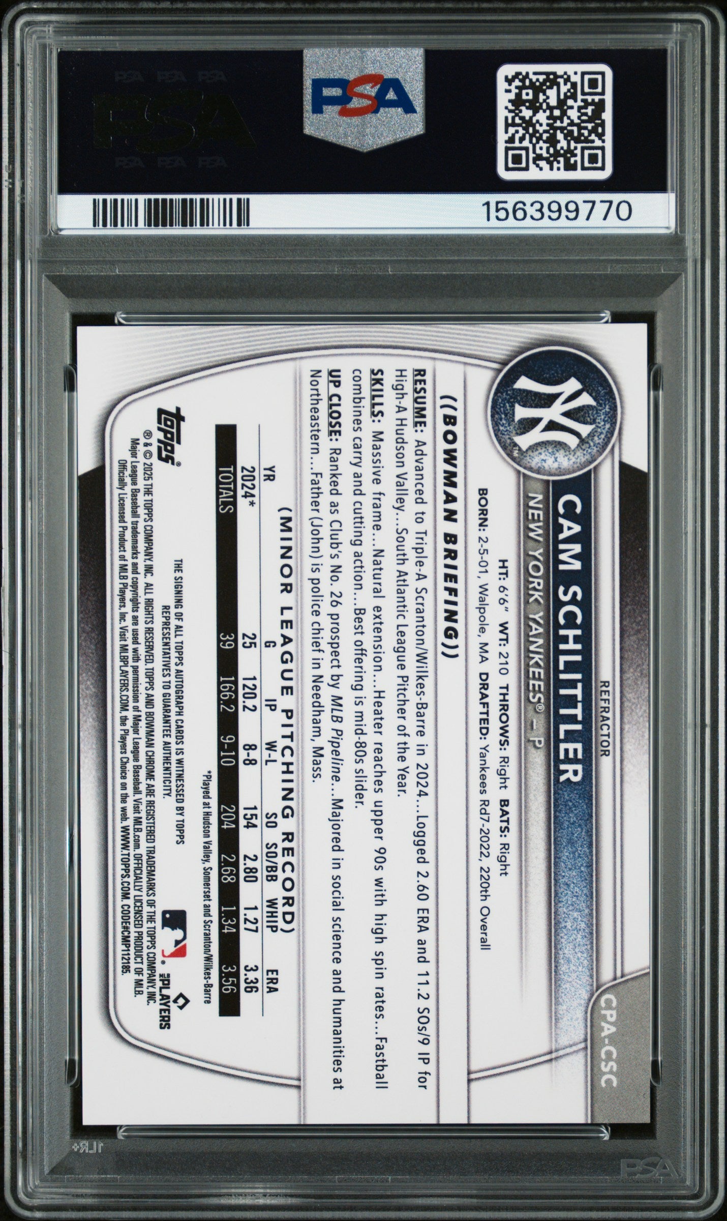 Cam Schlittler 2025 Bowman Chrome Auto #480/499 PSA 10 Gem Mint